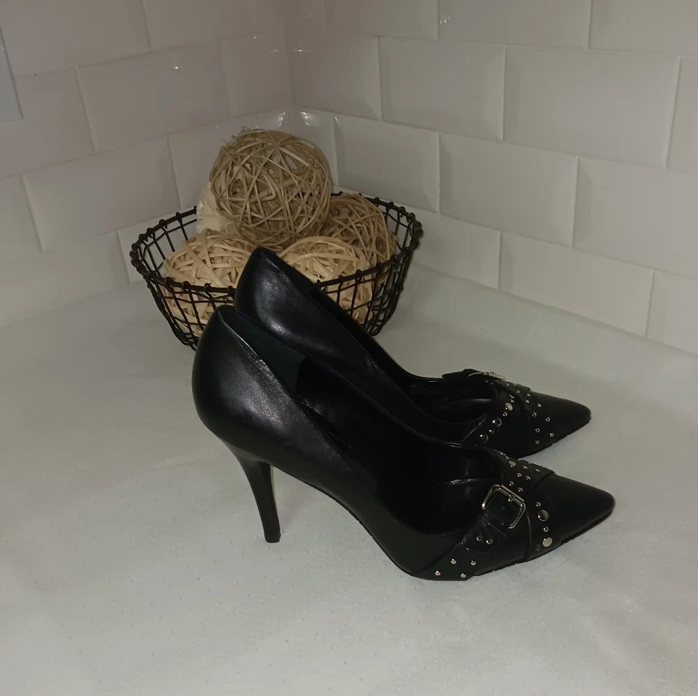 BCBG Black Pointed Toe Heels with Silver buckle and embellishments. Size 8B - Picture 5 of 8